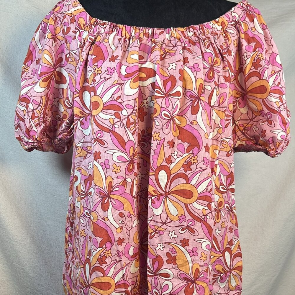 ANA A New Approach Rae Floral Mod Retro Mini Dress SZ M Linen Blend Boho Festiva